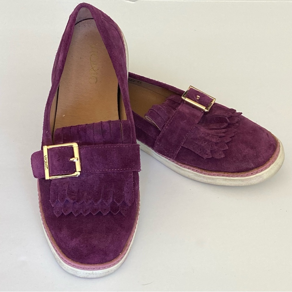 Vionic Purple Suede Fringe Loafers with Gold Buckle